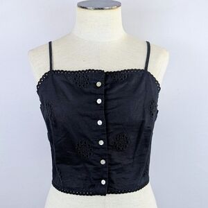 Joie Crop Top Linen Blend Adjustable Spaghetti Straps Eyelet Lace Black M NWT